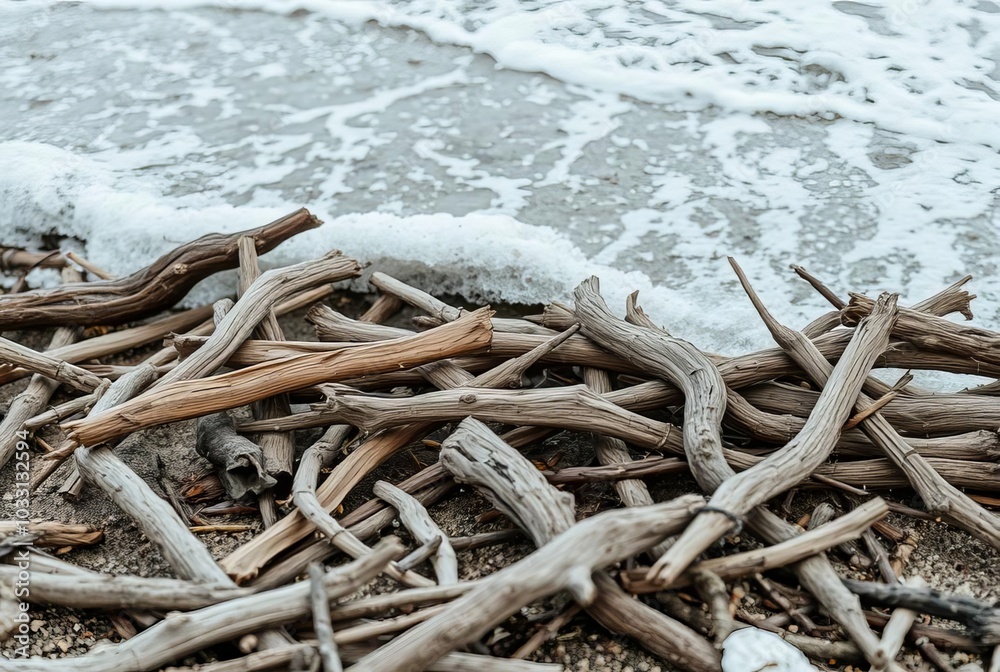Driftwood A close up of driftwood scattered on the beach with wa Driftwood A close up of driftwood scattered on the beach with wa