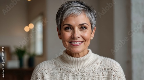 Close up image of happy good looking elegant senior woman wearing warm cozy sweater jumper, pearl earrings and short pixie cut stylish haircut in good mood sitting in living room, smiling broadly