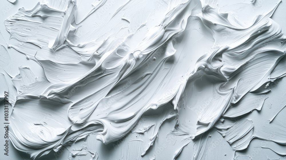 Plaster. A white background with a thick white substance similar to paint or glue. The substance is scattered and has a disorderly appearance. Chaotic strokes of acrylic paint, close-up, top view Plaster. A white background with a thick white substance similar to paint or glue. The substance is scattered and has a disorderly appearance. Chaotic strokes of acrylic paint, close-up, top view