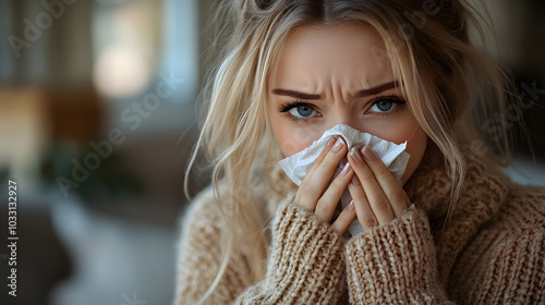 A Beautiful Woman Blowing Her Nose with a Tissue: Allergy or Cold Relief Scene Depicting Seasonal Health, Hygiene, and Wellness. 