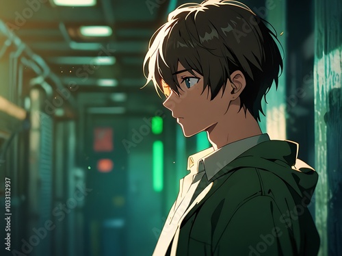 Handsome Japanese anime boy on green background high quality anime wallpaper illustration
