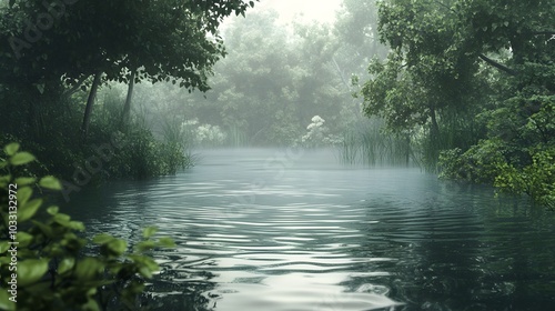 A serene, perfectly still pond surrounded by lush greenery, with delicate ripples on the water's surface reflecting the soft hues of an overcast sky.