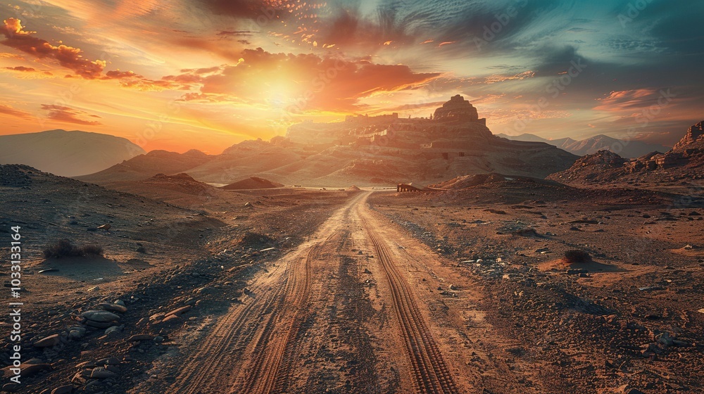 Fototapeta premium Sunset Over Time: A Dusty Desert Road Towards Ancient Castle Ruins in a Biblical Landscape