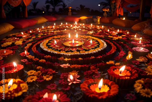 Creative , hyper detail and abstract image of diawali festival with flowers and fire work photo