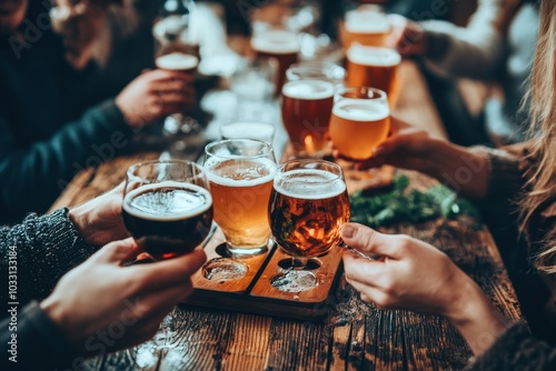 A lively craft beer tasting event, with a flight of beers served on a wooden paddle