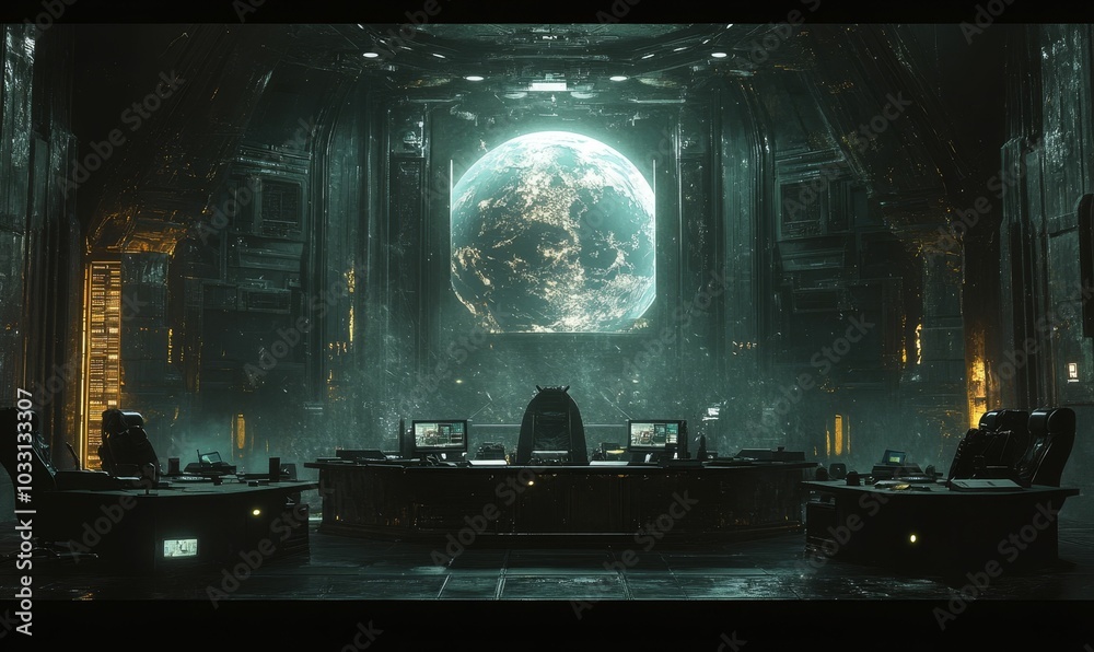 Futuristic control room with Earth view. Futuristic control room with Earth view.