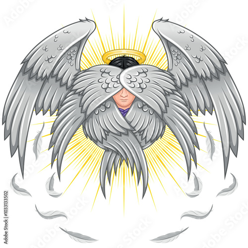 Seraph with six wings, angelic face of the Catholic religion, archangel with halo and feathers