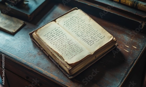 Old book with handwritten notes on a table.