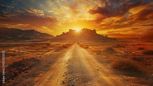 Sunset Over Time: A Dusty Desert Road Towards Ancient Castle Ruins in a Biblical Landscape