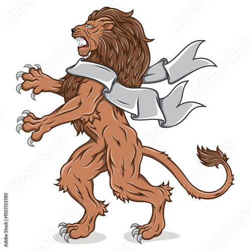 Rampant lion with pennant, heraldic feline with ribbon