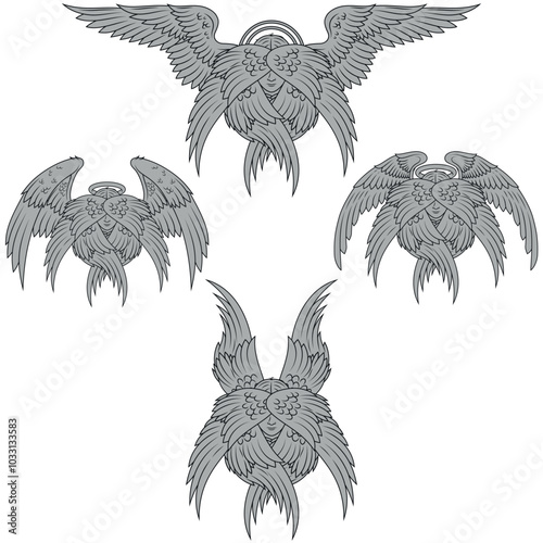 Seraph with six wings, angelic face of the Catholic religion, archangel with halo and feathers