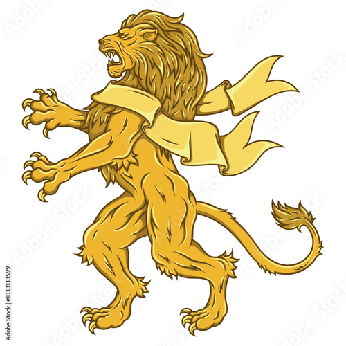Rampant lion with pennant, heraldic feline with ribbon