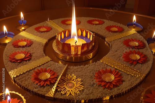 Creative , hyper detail and abstract image of diawali festival with flowers and fire work photo