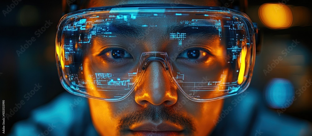 A close-up of a person wearing futuristic glasses with digital displays. A close-up of a person wearing futuristic glasses with digital displays.