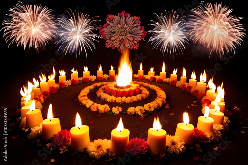 Creative , hyper detail and abstract image of diawali festival with flowers and fire work photo