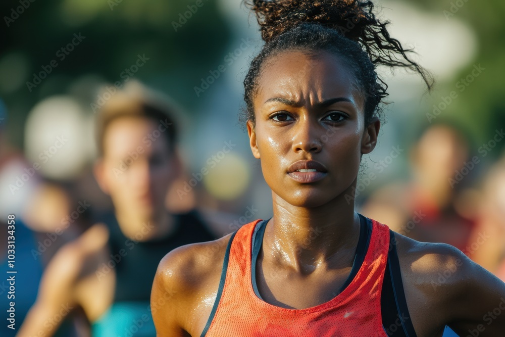 A marathon runner crossing the finish line, sweat glistening on their forehead A marathon runner crossing the finish line, sweat glistening on their forehead