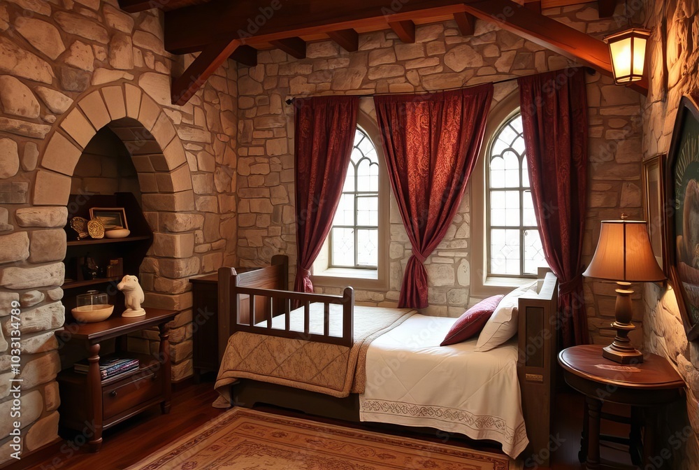 Medieval Castle Stone textured walls a drawbridge bed and tapest Medieval Castle Stone textured walls a drawbridge bed and tapest