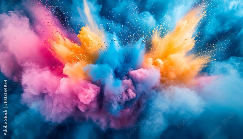 A vibrant explosion of colorful smoke in blue, pink, and yellow hues creates a dynamic, artistic visual effect. A vibrant explosion of colorful smoke in blue, pink, and yellow hues creates a dynamic, artistic visual effect.