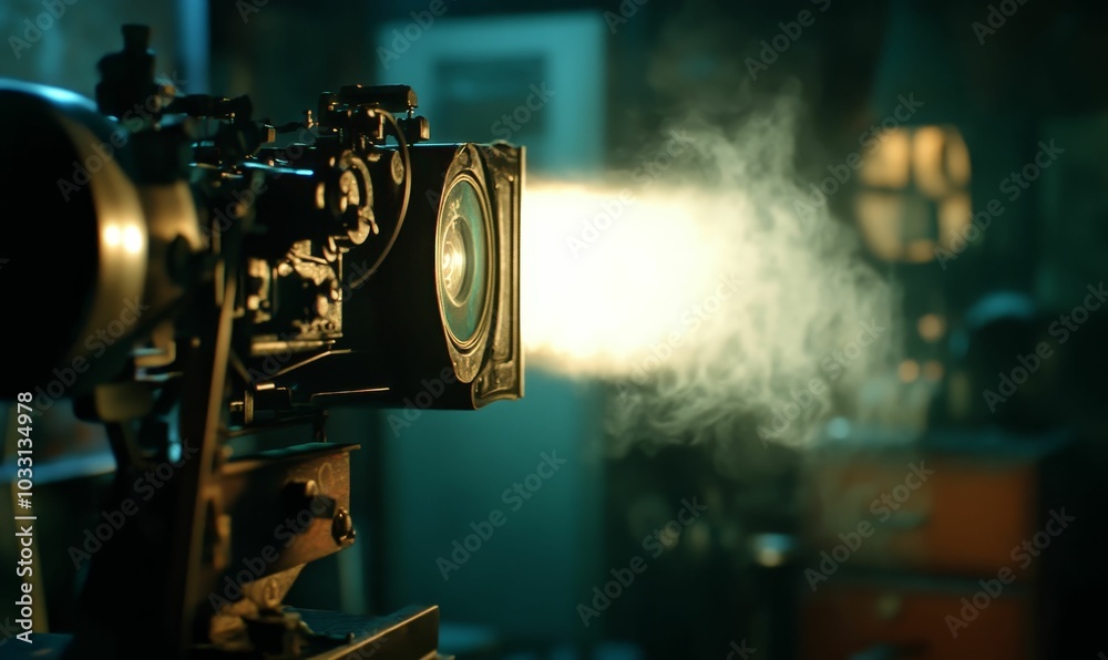 Fototapeta premium Antique film projector emitting smoke and light.