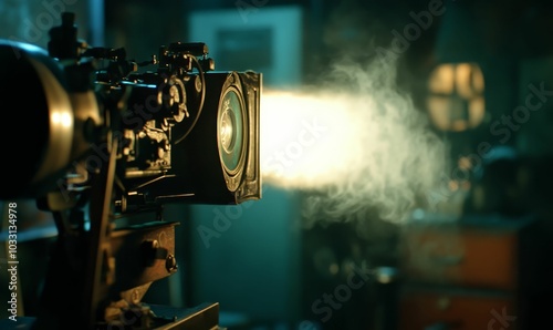 Antique film projector emitting smoke and light.