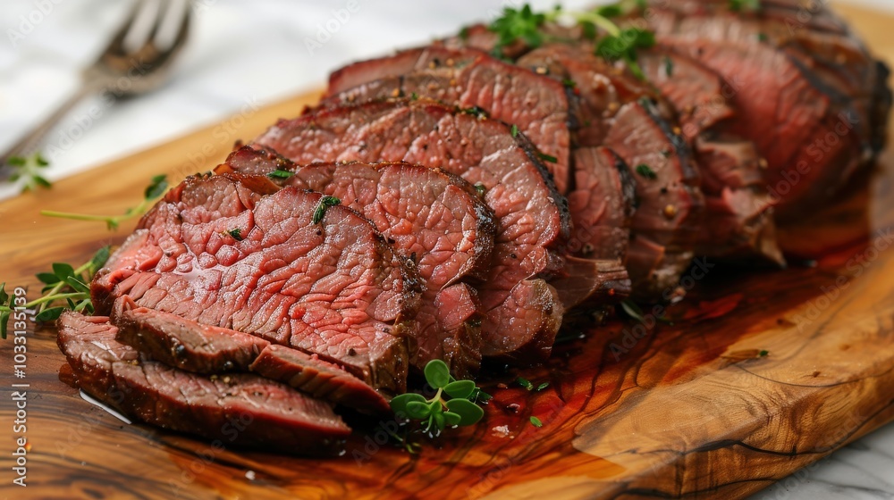 Succulent Roast Beef on Rustic Cutting Board: Perfectly Cooked Slices with Fresh Herb Garnish Succulent Roast Beef on Rustic Cutting Board: Perfectly Cooked Slices with Fresh Herb Garnish