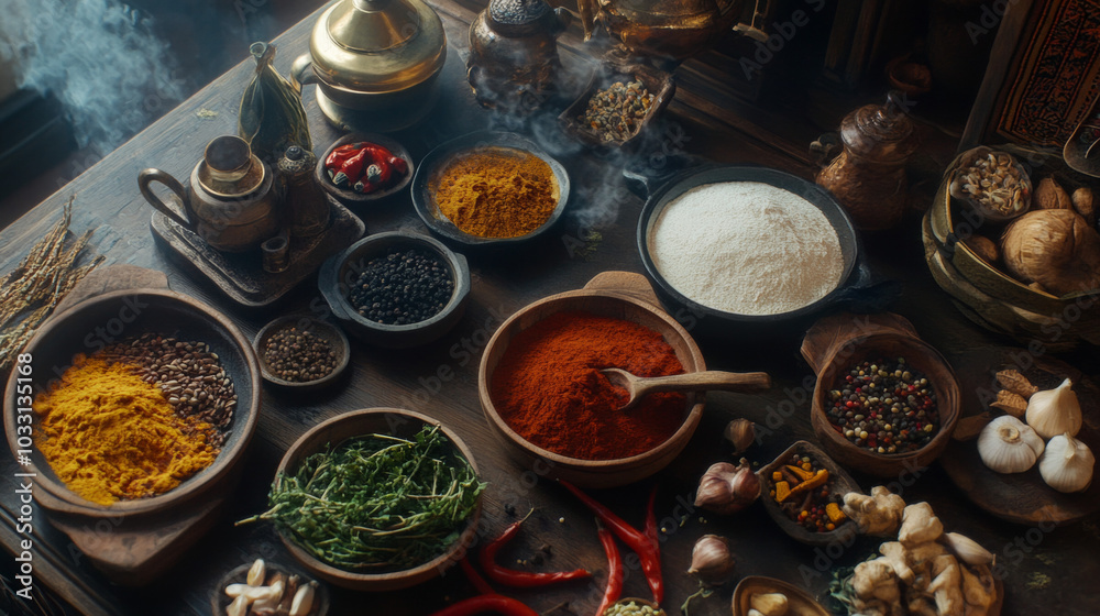 Integrate elements that represent various culinary traditions, such as spices, utensils, or cooking methods from different cultures, showcasing the diversity and richness of global cuisines. Integrate elements that represent various culinary traditions, such as spices, utensils, or cooking methods from different cultures, showcasing the diversity and richness of global cuisines.