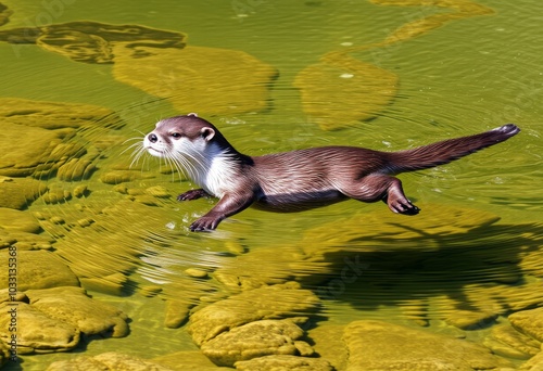 Otter playing in a river with clear waterAn otter swimming and p