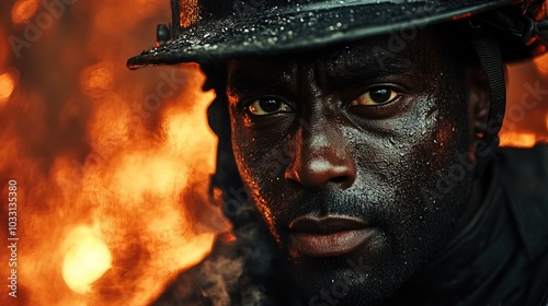 A brave black man firefighter stares into the flames with determination