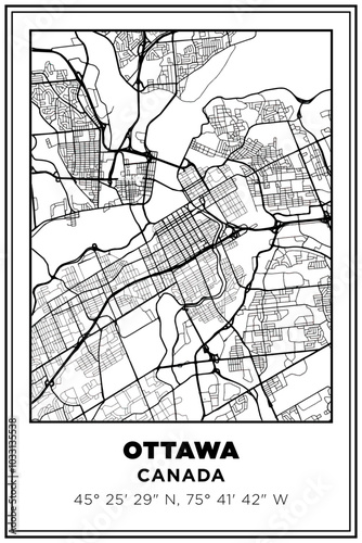Black and white printable Street map art Ottawa, Ontario, Canada. Travel poster with coordinates, poster design, Modern Poster Wall Art Home Decor Ready to Printable