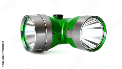 A Powerful Green Flashlight With a Silver Accented Body and a Clear Lens for Illuminating Darkness on a Clear PNG or White Background. photo