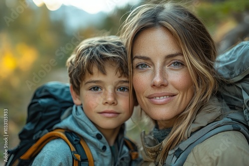 A woman and a boy, both smiling, pose together outdoors with backpacks in a natural setting.