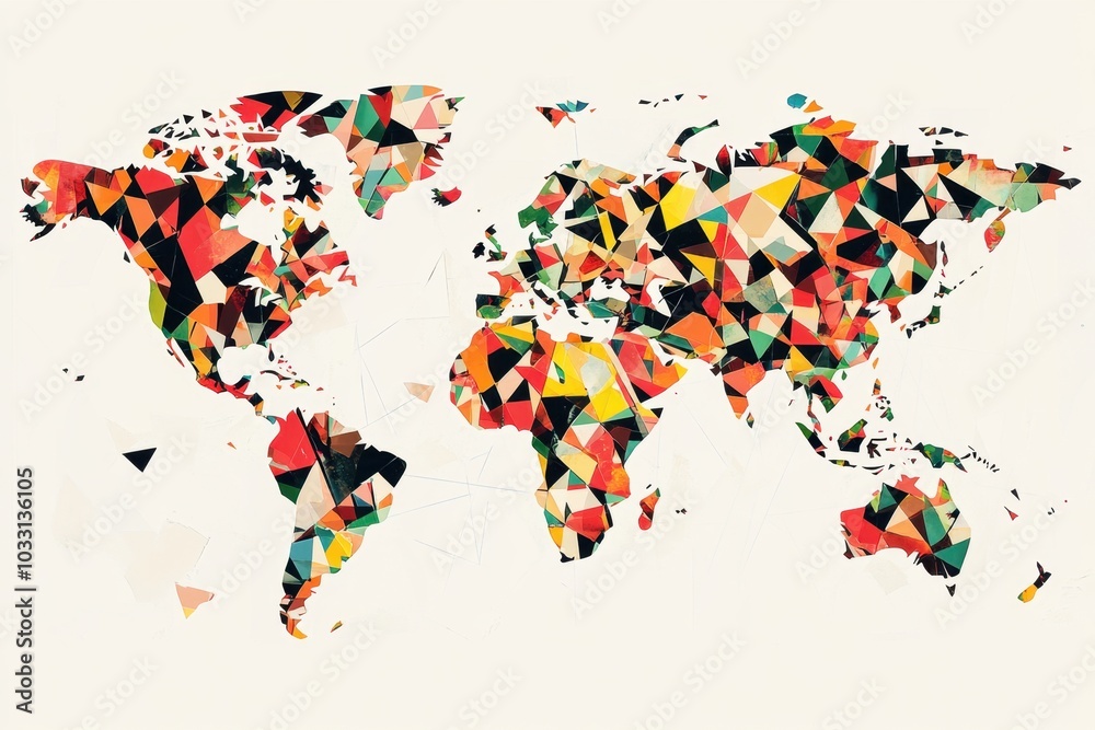 Obraz premium A world map composed of geometric shapes, with each region formed by triangles, circles, and polygons, reflecting abstract art and modern interpretations of global geography