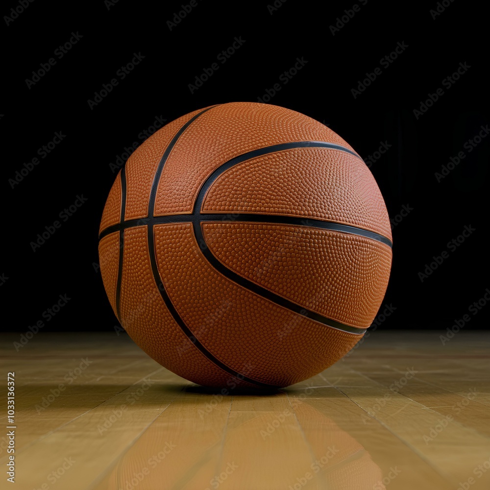 Obraz premium An orange basketball sits on a polished wooden court against a black background.