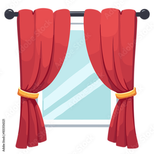 Vector red curtains with window icon for interior design