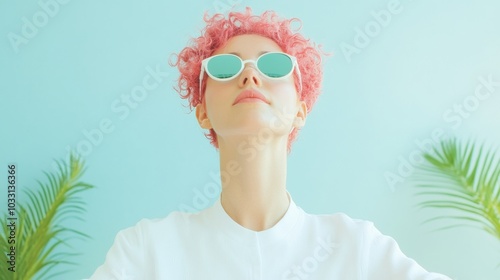 Vibrant Cherry Red Hair Woman in Futuristic Wellness Center with High-Tech Gear photo