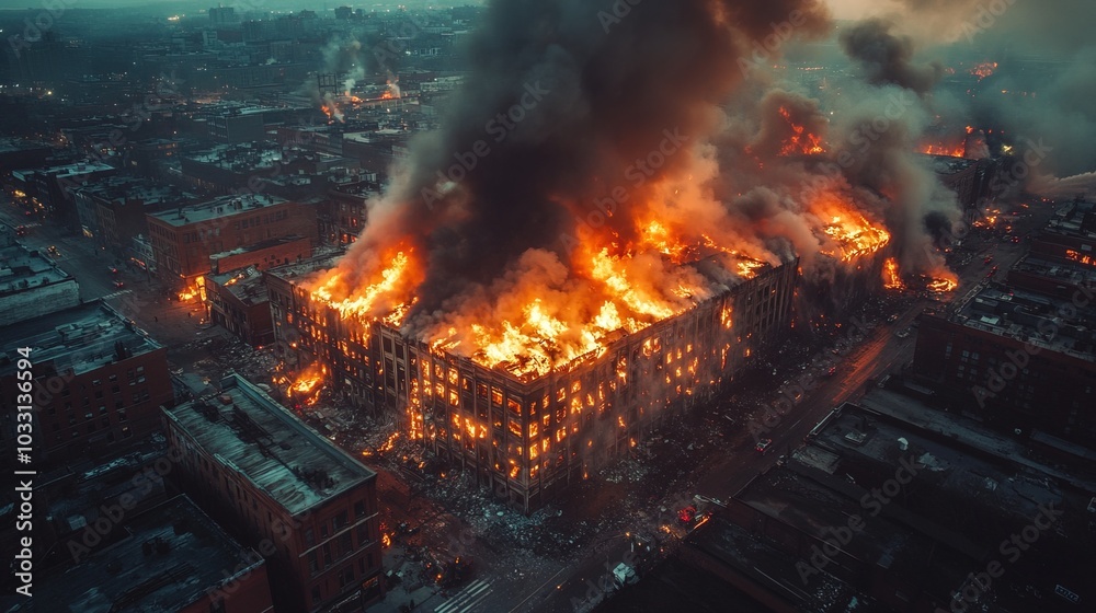 Aerial view of a large fire engulfing an urban building. Flames and smoke Aerial view of a large fire engulfing an urban building. Flames and smoke