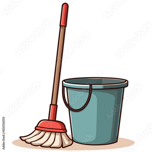 Mop and bucket set, floor cleaning in progress illustration