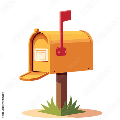 Yellow mailbox with red flag, classic postal service illustration