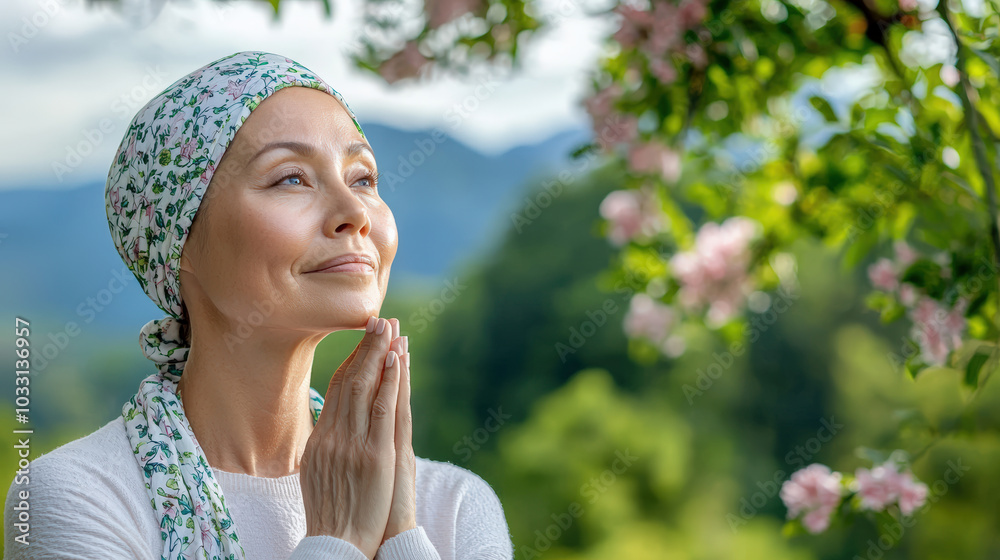 Fototapeta premium woman with headscarf expresses hope and resilience in serene outdoor setting, surrounded by blooming flowers and natures beauty