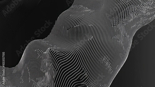 Abstract black and white wavy lines on a dark background.