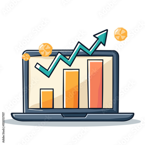 Laptop with financial chart, business analytics vector icon