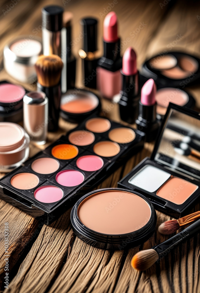 Professional makeup products lying on rustic wooden tabletop Professional makeup products lying on rustic wooden tabletop