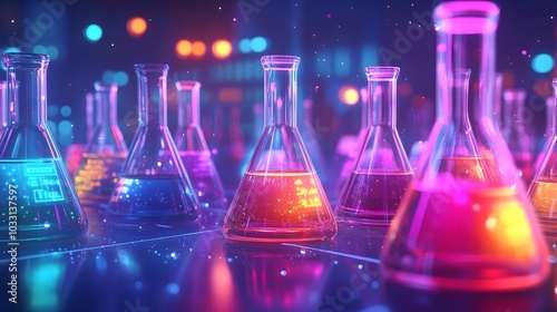 Colorful Chemical Solutions in Glass Flasks Under Neon Lights