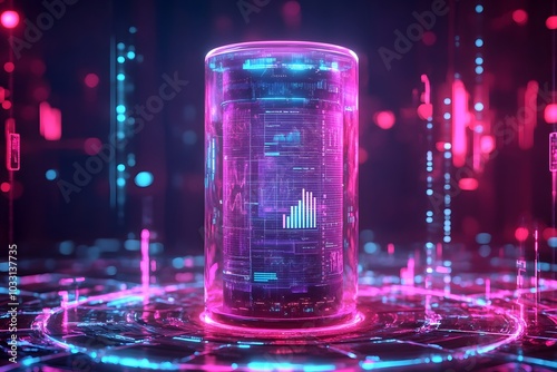 A futuristic cylinder with data visualizations and graphs on it, set against an abstract digital background with glowing elements and holographic displays around the sides.