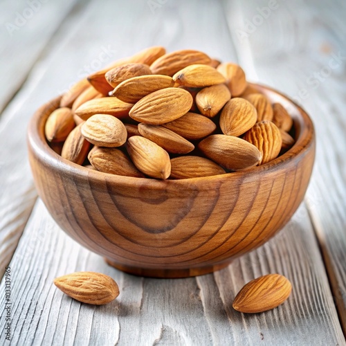 Healthy Snack Almonds in Wooden Bowl Close-up
