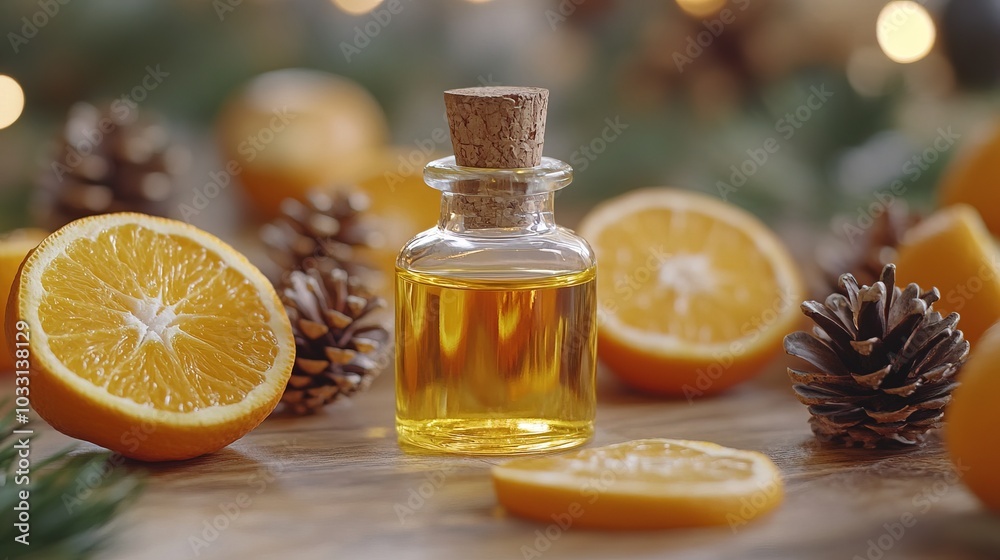 A glass bottle of essential oil with orange slices, pine cones 