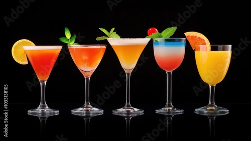 Wallpaper Mural Closeup of brightly colored cocktails with fruit garnishes, shot with a reflective surface for added color intensity and dynamic lighting, 3D illustration Torontodigital.ca