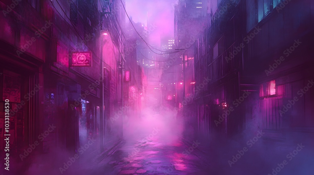 A striking blend of pink and violet fog drifting through a narrow alleyway, with the soft mist reflecting the glow of distant city lights, creating a surreal urban scene. A striking blend of pink and violet fog drifting through a narrow alleyway, with the soft mist reflecting the glow of distant city lights, creating a surreal urban scene.