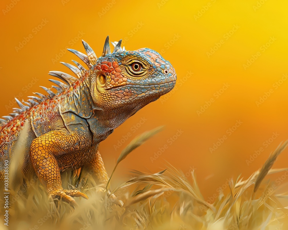Fototapeta premium Rugops stalking through tall grass isolated on a yellow plain background.