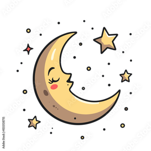 Cute smiling crescent moon with stars, night sky illustration